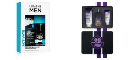 1) Lumene Men Activate lahjapakkaus 14,90€ , Sokos 2) White Musk for Men tuoksulahja 55,00€ , The Body Shop